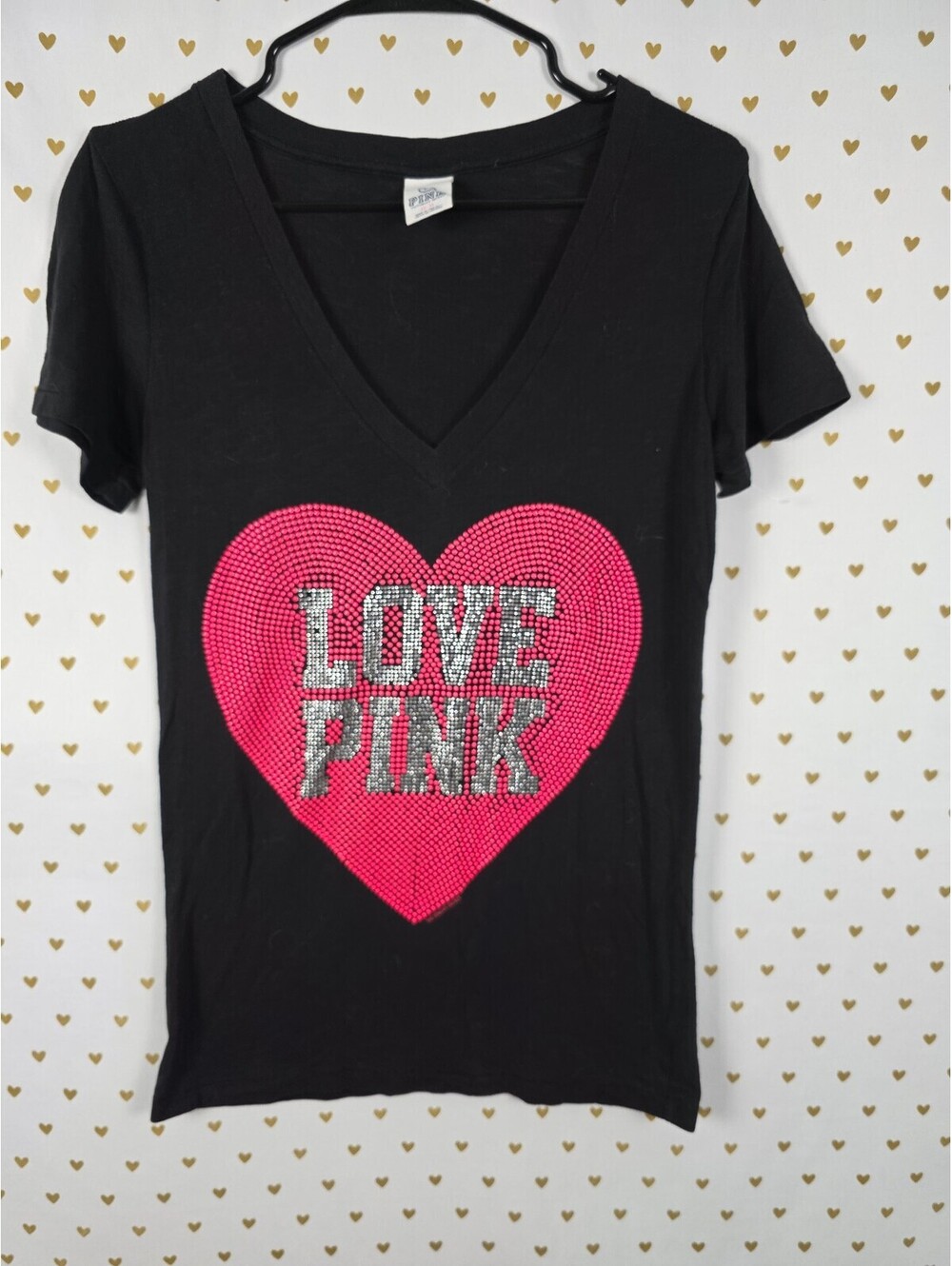Victorias Secret PINK VINTAGE Y2k BLING Studded Heart LOVE V neck Tee shirt MED